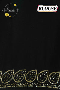 APL1021 Black & Rust Semi Modal Silk with ajrakh print intricate geometric fan prints and gota patti.