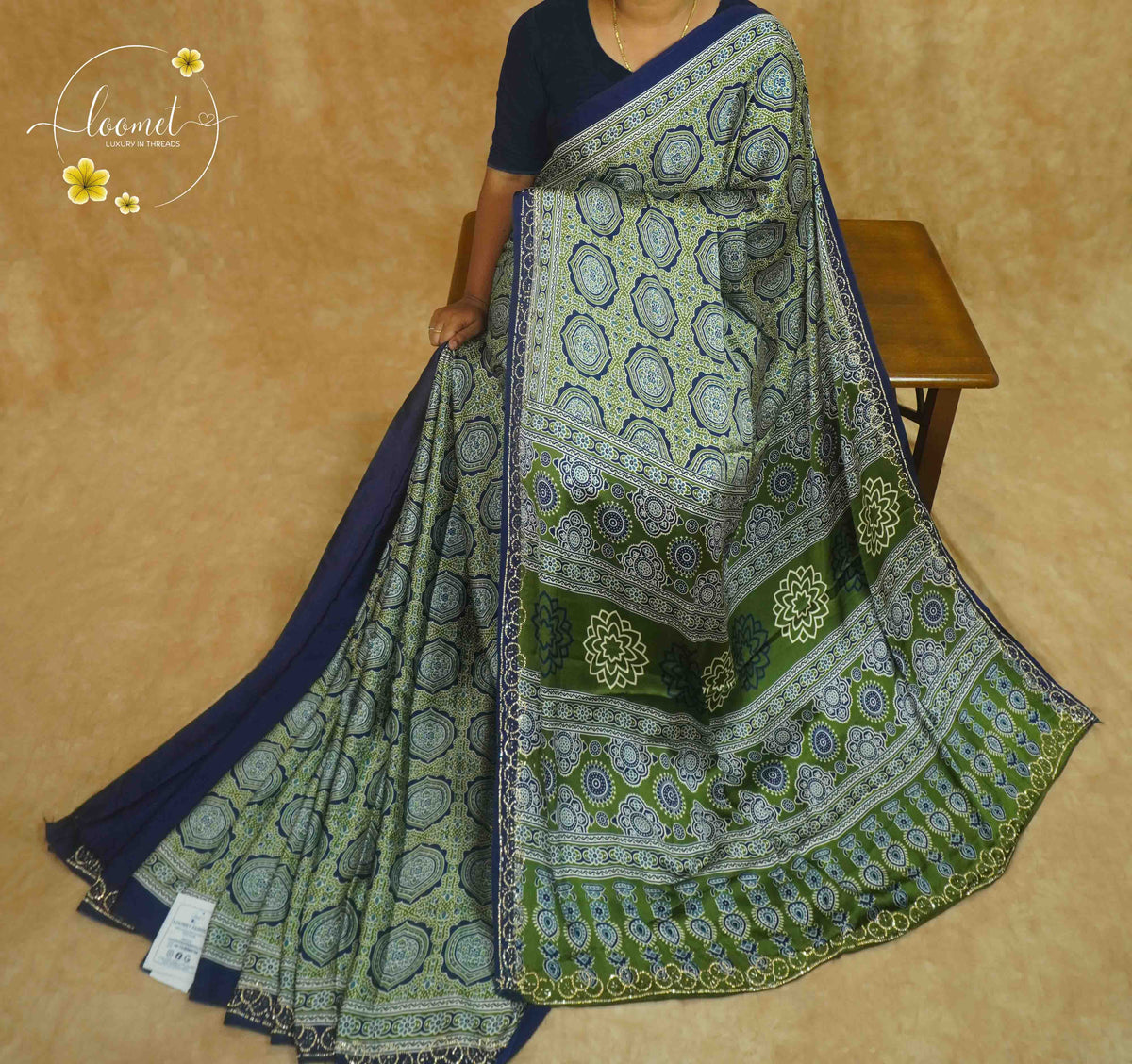 APL1022 Indigo & Olive Green Semi Modal Silk with ajrakh print geometric octagonal mandalas and gota patti.