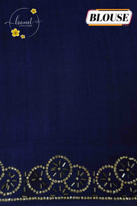 APL1022 Indigo & Olive Green Semi Modal Silk with ajrakh print geometric octagonal mandalas and gota patti.