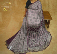 APL1023 Plum & Silver-Grey Semi Modal Silk with ajrakh print geometric cross trellis and gota patti.