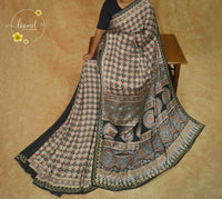 APL1024 Black Semi Modal Silk with ajrakh print geometric trellis and handcrafted gota embroidery.