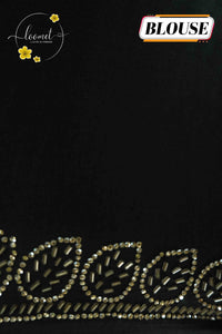 APL1024 Black Semi Modal Silk with ajrakh print geometric trellis and handcrafted gota embroidery.