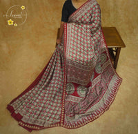 APL1025 Crimson & Emerald Semi Modal Silk with ajrakh print intricate geometric mosaic block prints and gota patti.