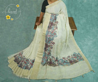APL10401 Off-white Viscose saree featuring Kalamkari-inspired floral and peacock prints.