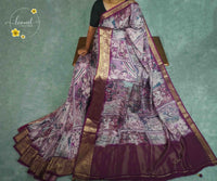 APL10501 Purple Viscose saree featuring mythological motif block prints.