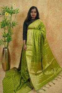 APL10701 Olive Green silky georgette saree with an all-over diamond (chowka) grid pattern.