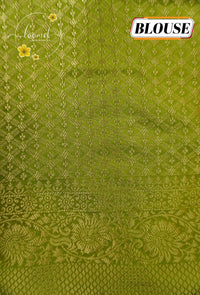 APL10701 Olive Green silky georgette saree with an all-over diamond (chowka) grid pattern.