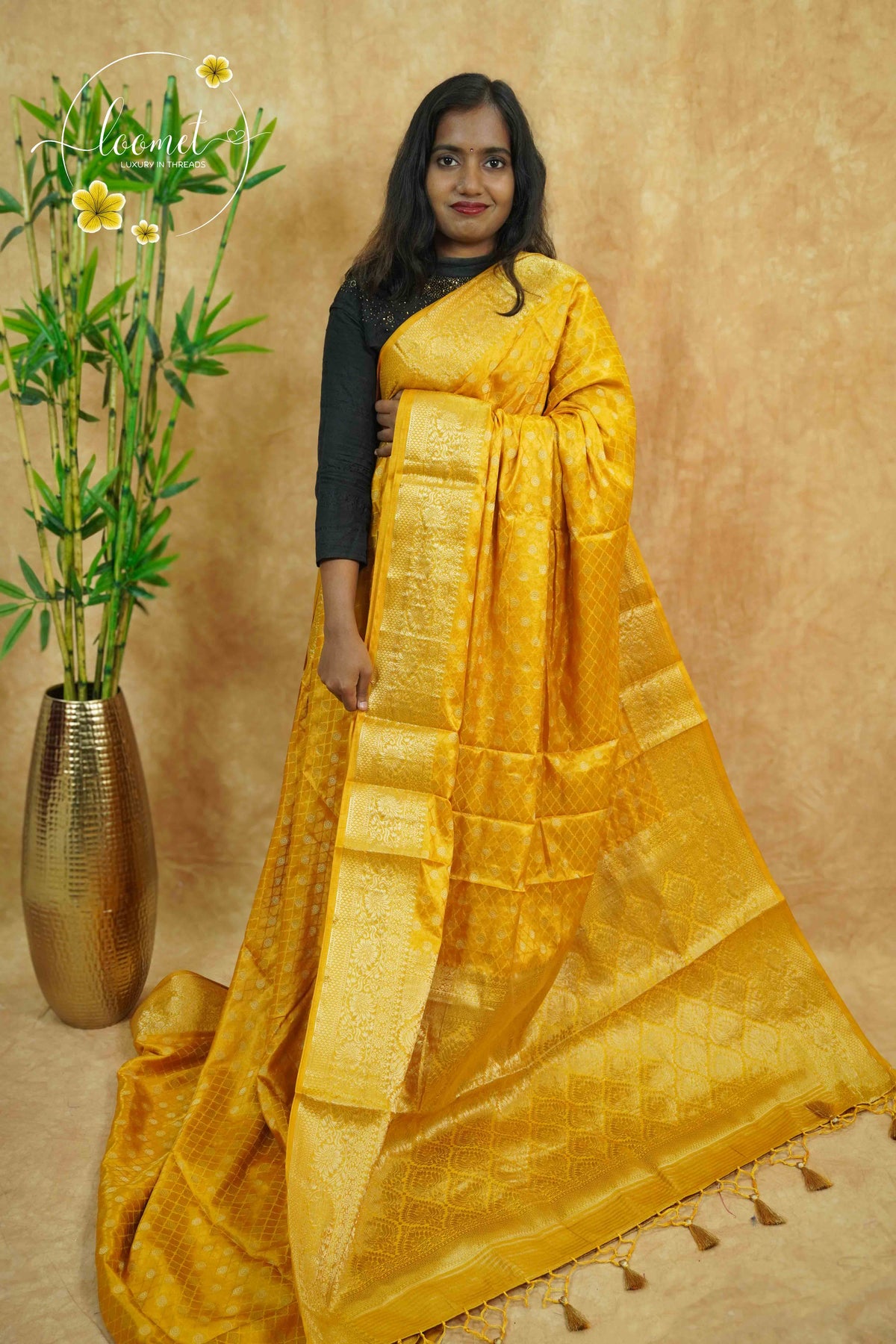 APL10704 Mustard Yellow silky georgette saree with an all-over diamond (chowka) grid pattern.