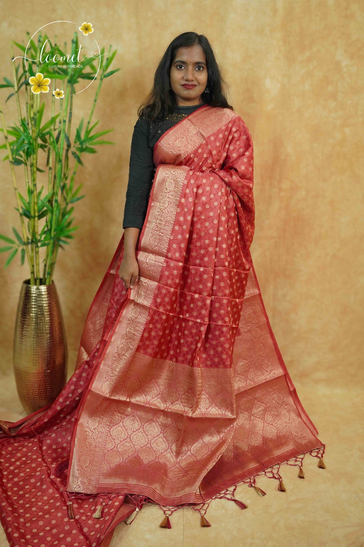 APL10706 Crimson Red silky georgette saree with an all-over diamond (chowka) grid pattern.