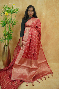APL10706 Crimson Red silky georgette saree with an all-over diamond (chowka) grid pattern.