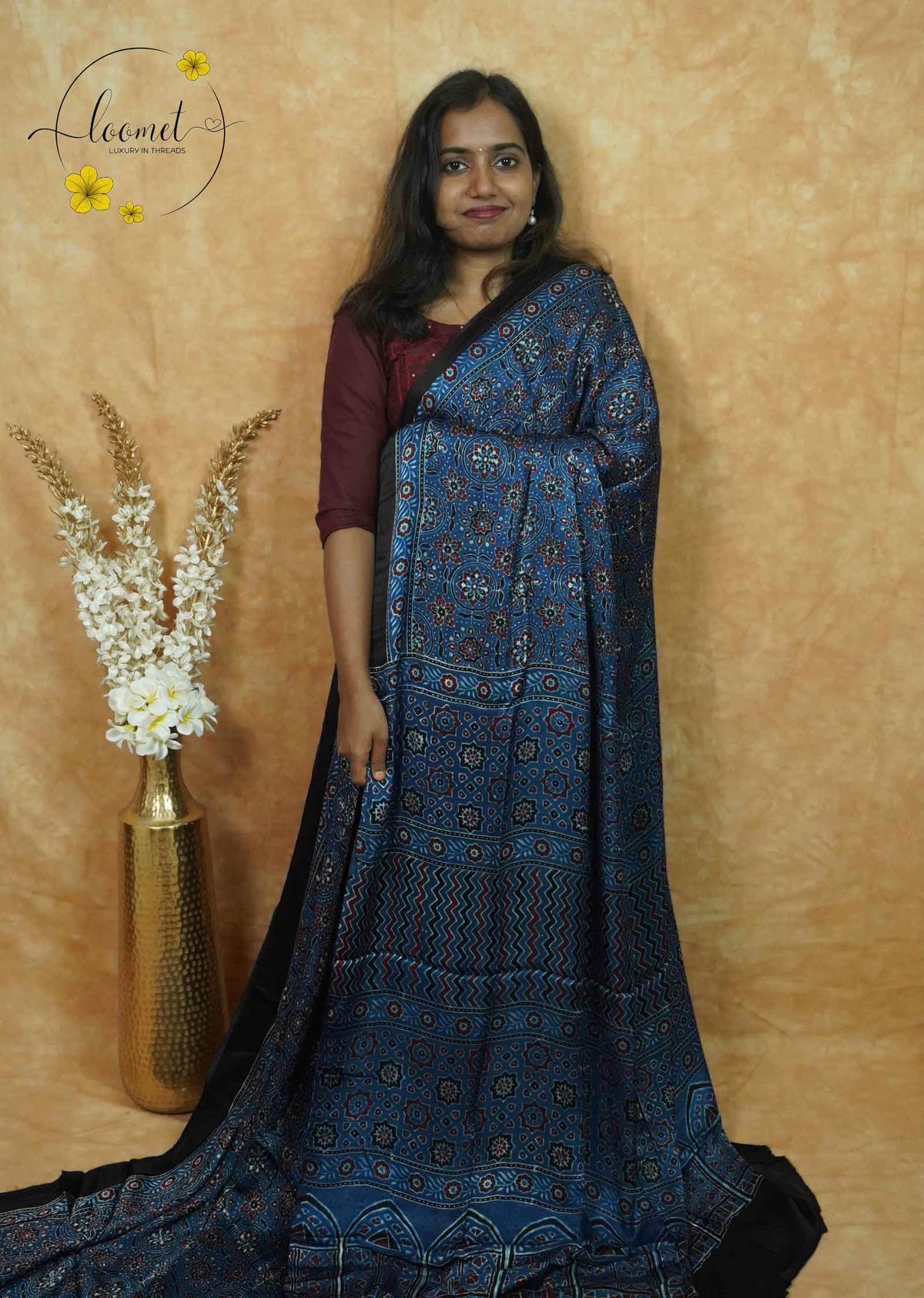APL1301 Indigo Blue Modal silk with Ajrakh-inspired block prints.
