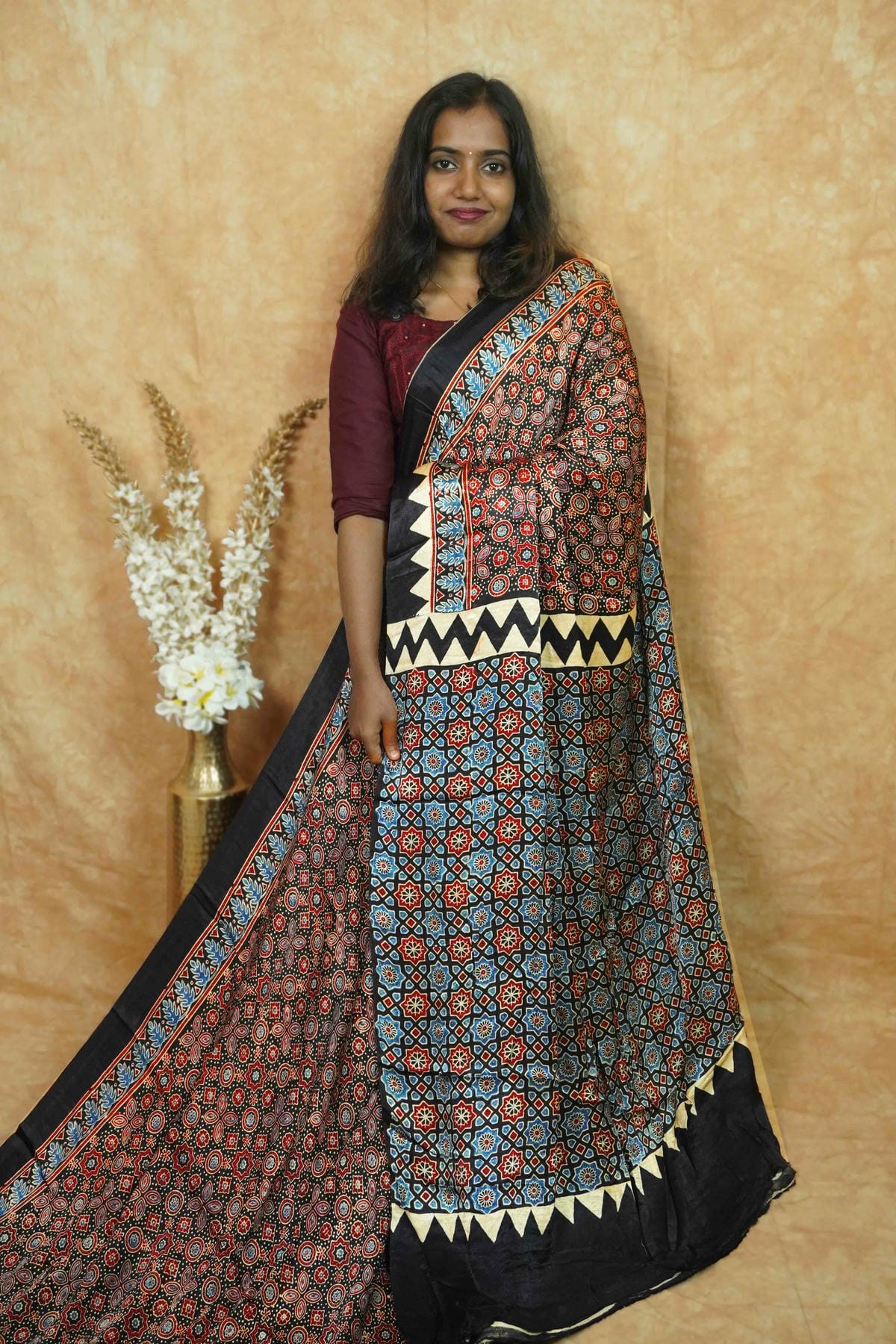 APL1302 Jet Black Modal silk with Ajrakh-inspired block prints.