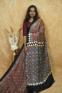 APL1302 Jet Black Modal silk with Ajrakh-inspired block prints.