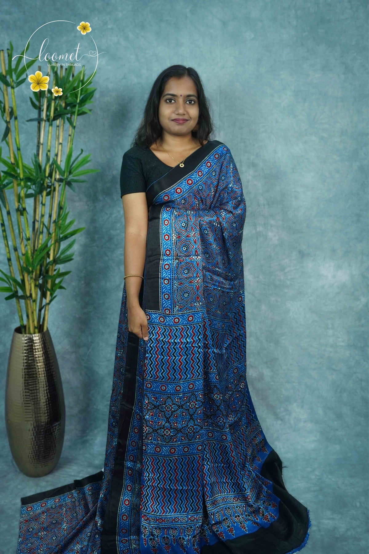 APL1303 Blue Modal silk with Ajrakh-inspired block prints and zigzag patterns.
