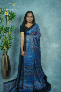APL1303 Blue Modal silk with Ajrakh-inspired block prints and zigzag patterns.