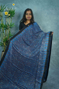 APL1303 Blue Modal silk with Ajrakh-inspired block prints and zigzag patterns.