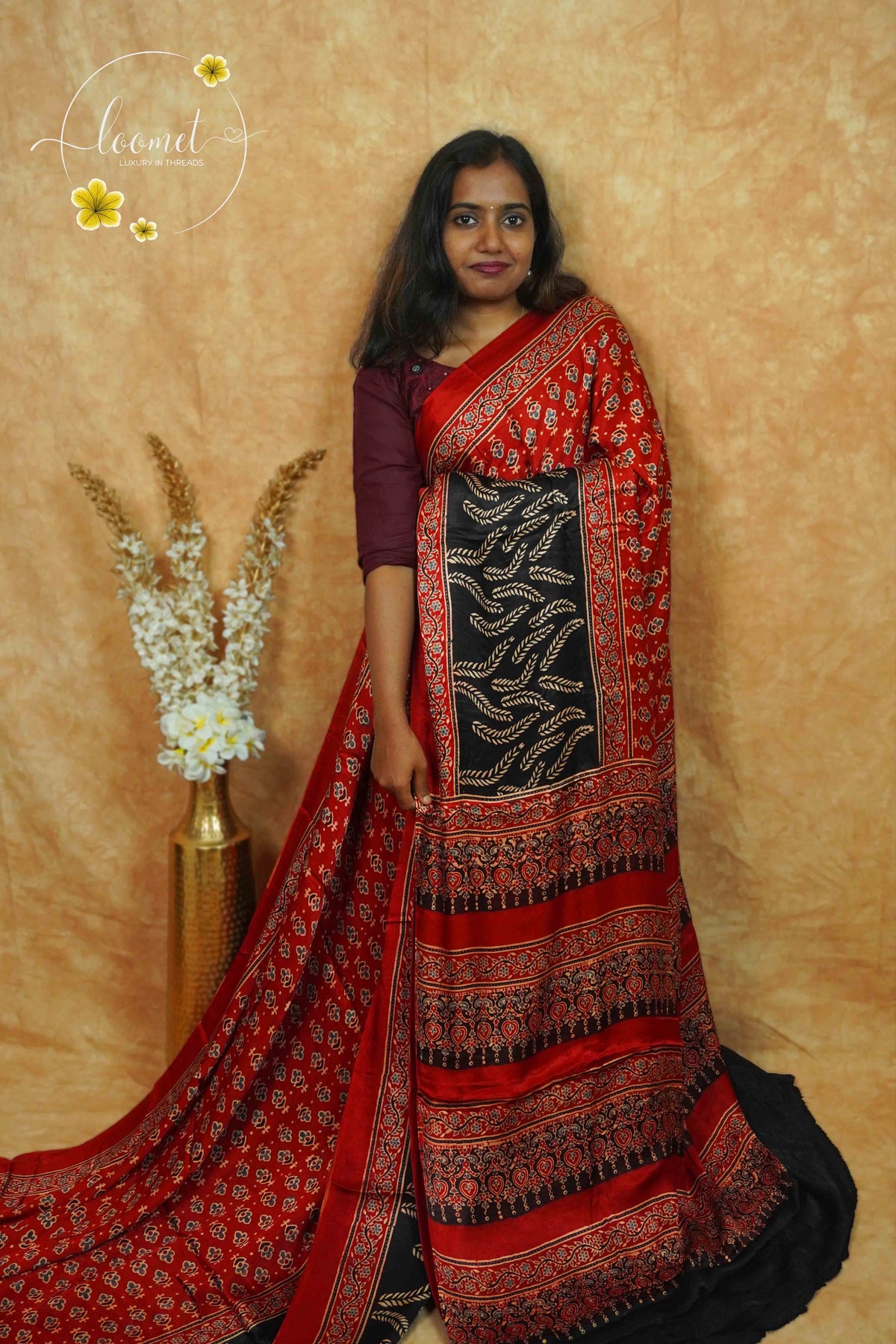APL1304 Crimson Red Modal silk with all-over floral Buti block prints.