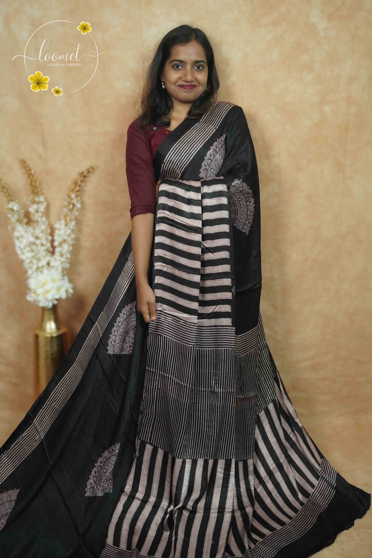 APL1305 Carbon Black Modal silk with semi-circle mandala design.