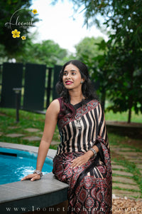 APL1306 Black Modal silk with Ajrakh hand-block prints & vertical stripes.