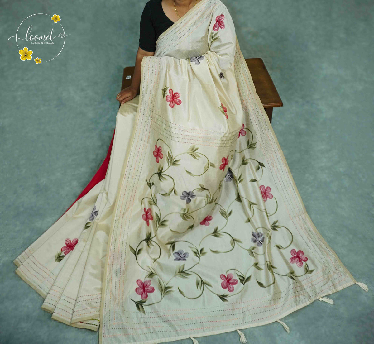 APL1441 Off-White Tussar Silk saree featuring hand-painted pink and lavender floral vines.