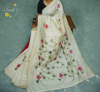 APL1441 Off-White Tussar Silk saree featuring hand-painted pink and lavender floral vines.