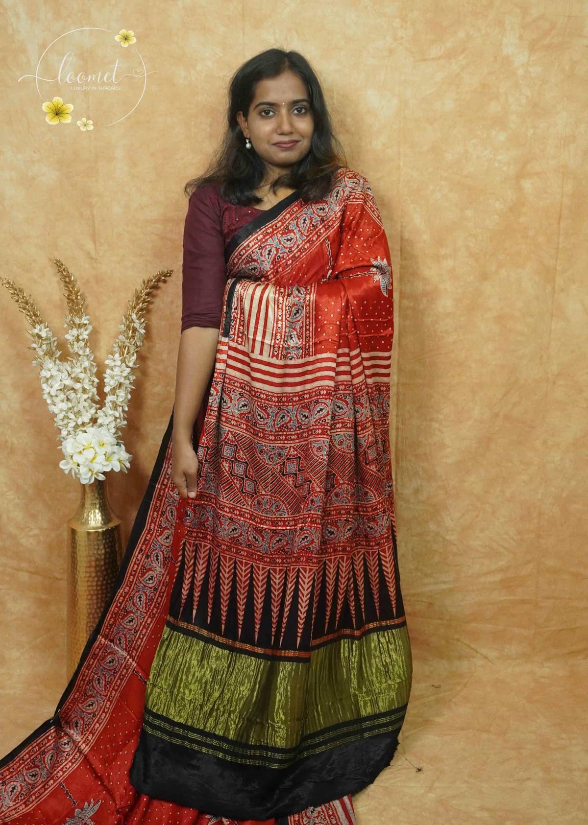 APL1501 Red Modal silk with Bandhani-inspired pattern.