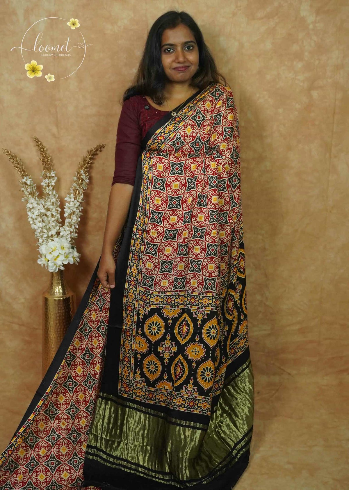 APL1504 Beige and Red Modal silk with  all-over Ajrakh-inspired block print