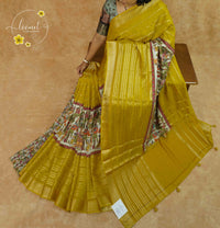 APL1701 Mustard Gold Viscose saree featuring kalamkari narrative art with gold zari stripes.