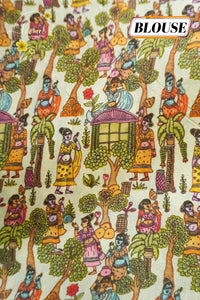 APL1701 Mustard Gold Viscose saree featuring kalamkari narrative art with gold zari stripes.