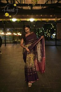 APL1801 Purple and Sage Green Viscose saree featuring kalamkari prints with zari border.