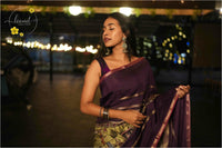 APL1801 Purple and Sage Green Viscose saree featuring kalamkari prints with zari border.