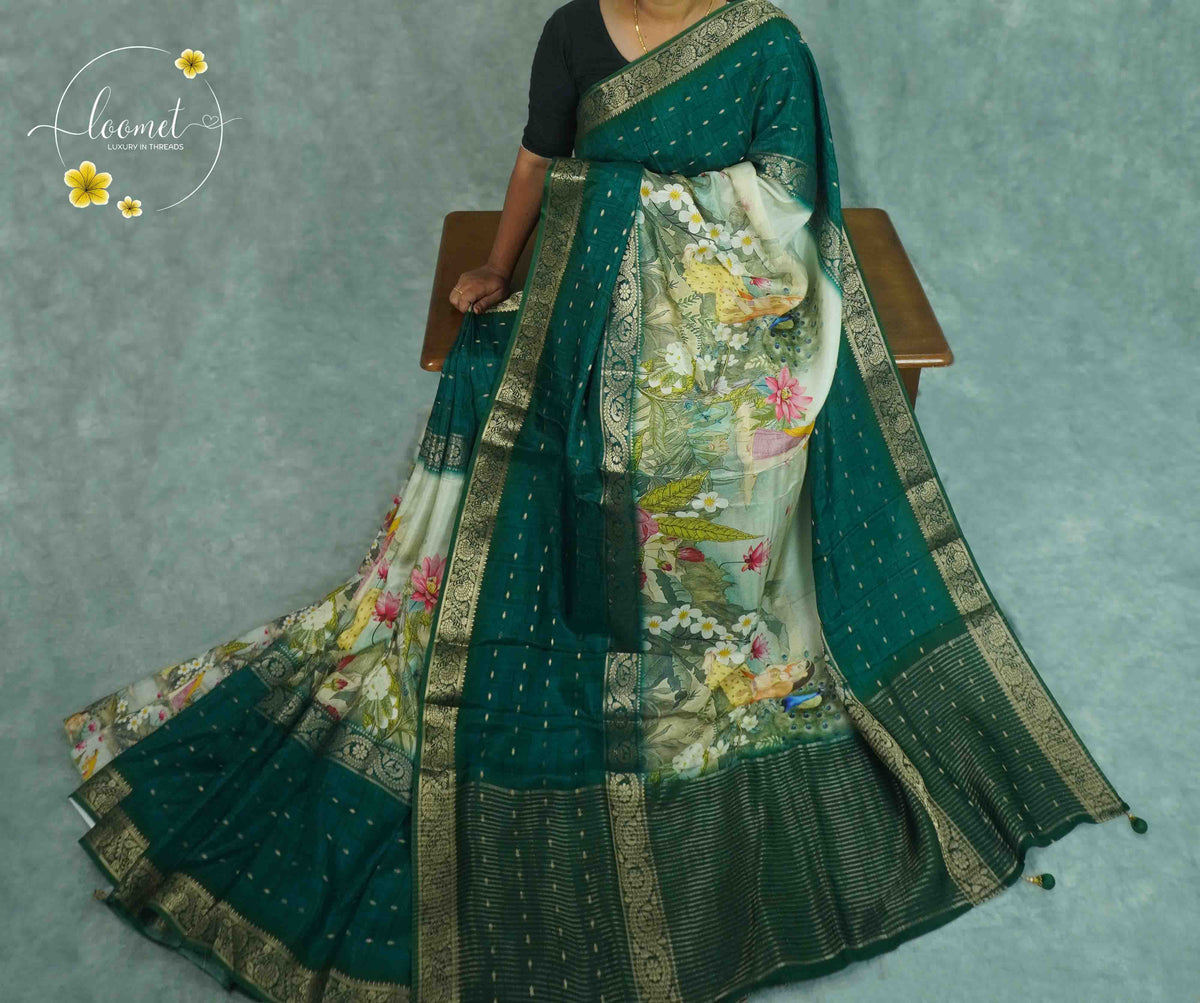 APL1901 Teal green Viscose saree featuring floral garden prints.
