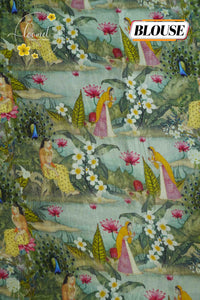 APL1901 Teal green Viscose saree featuring floral garden prints.