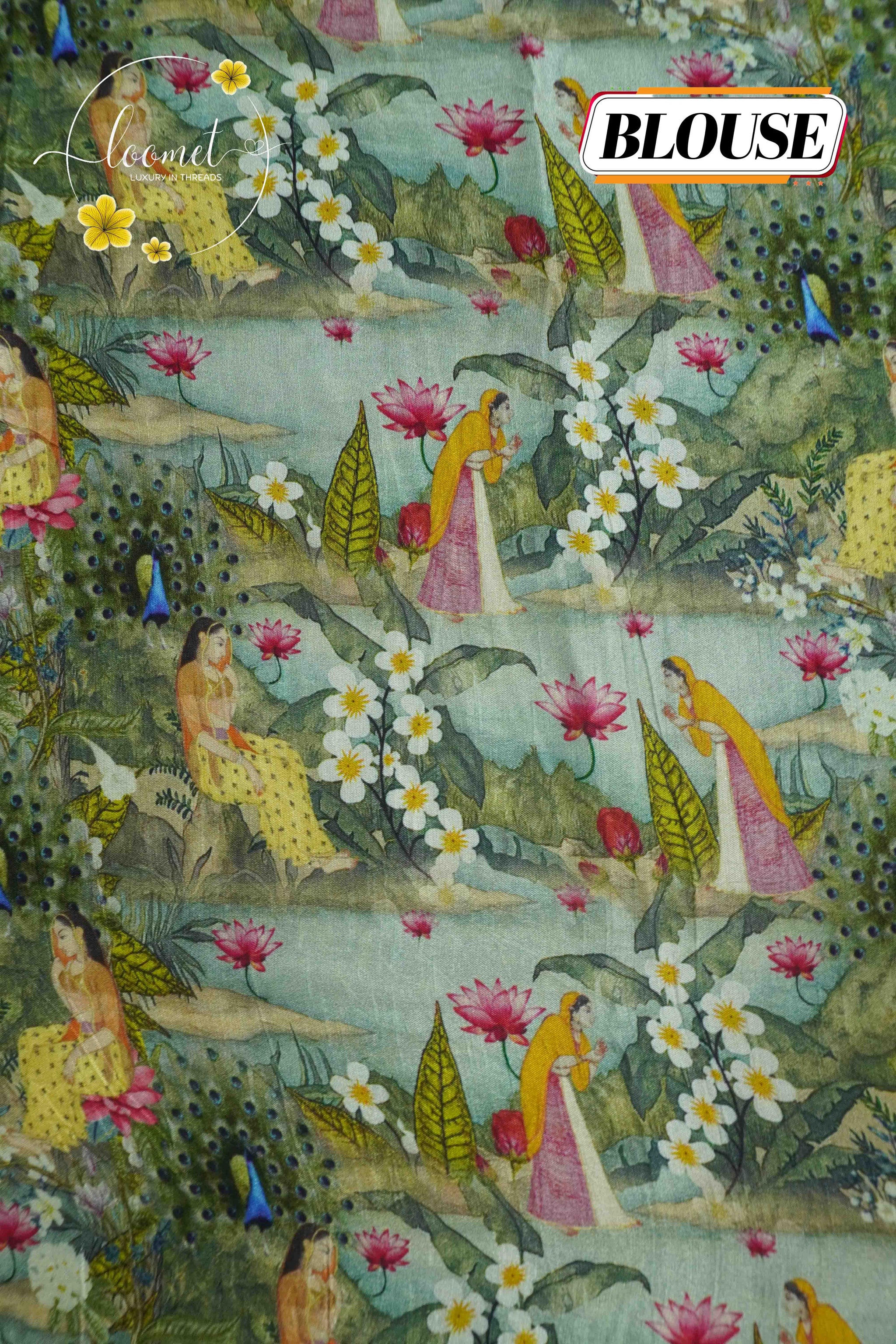APL1901 Teal green Viscose saree featuring floral garden prints.