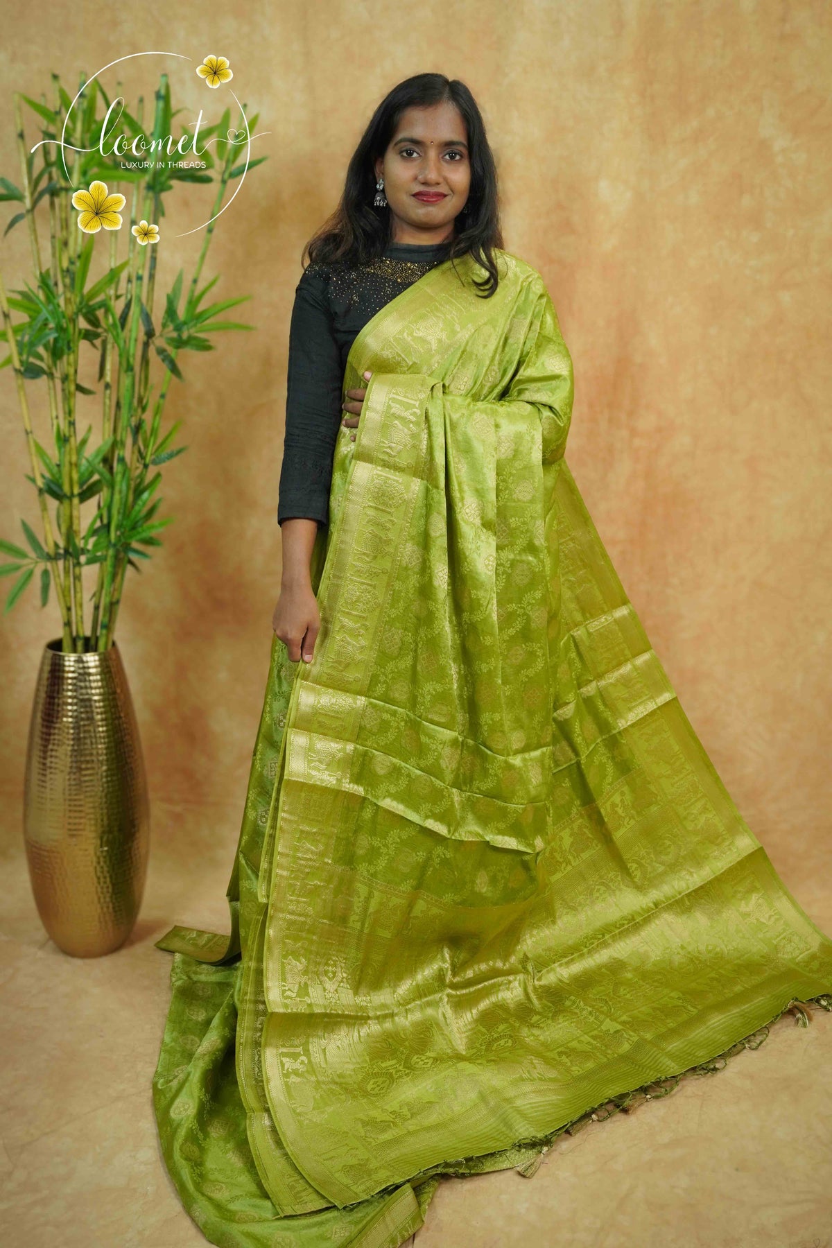 APL20003 Olive Green silky georgette saree with an all-over diamond (chowka) grid pattern.