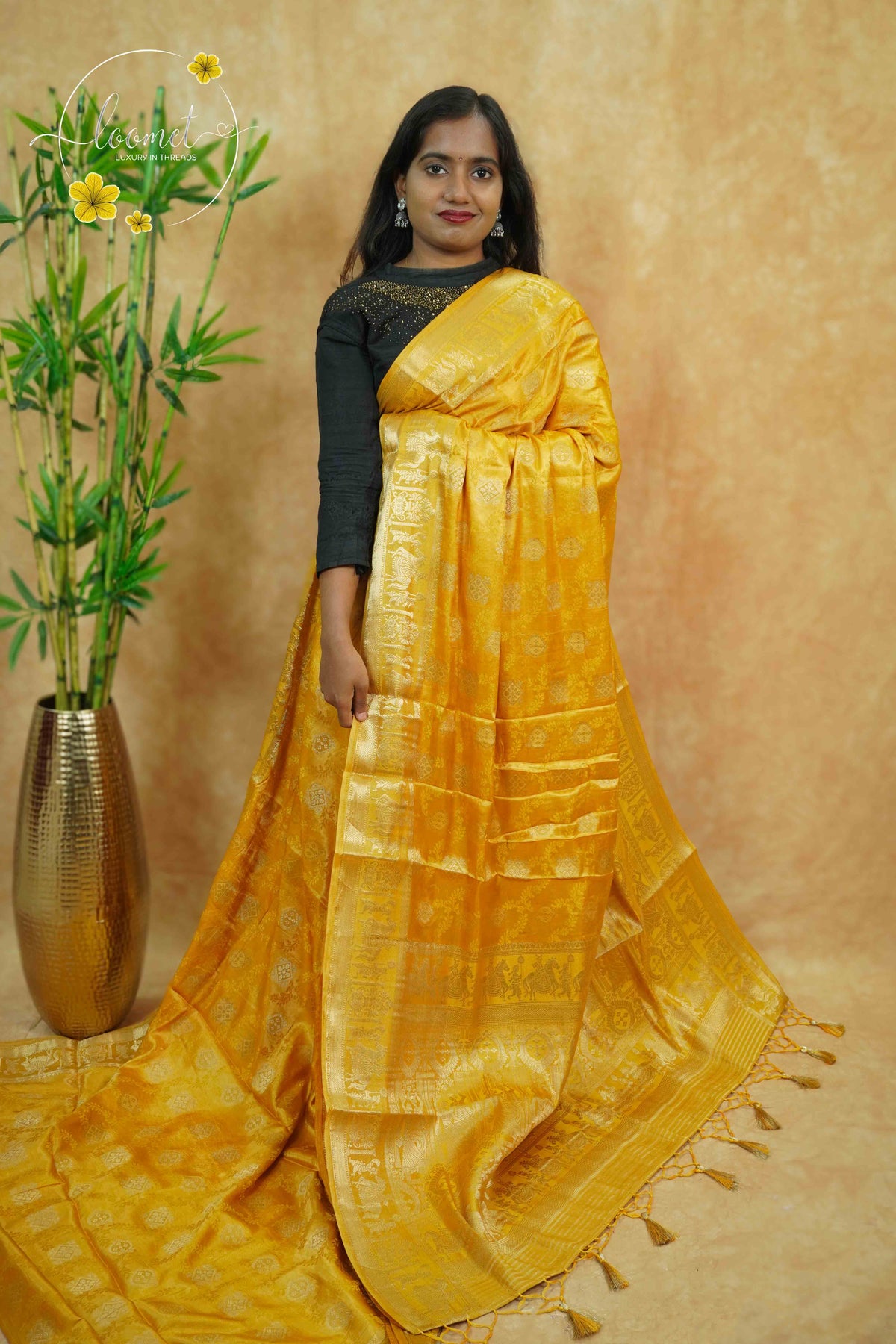 APL20004 Yellow silky georgette saree with an all-over diamond (chowka) grid pattern.