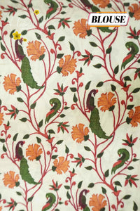 APL2001 Crimson Red Viscose saree featuring ivory Kalamkari bird panels with gold zari stripes.