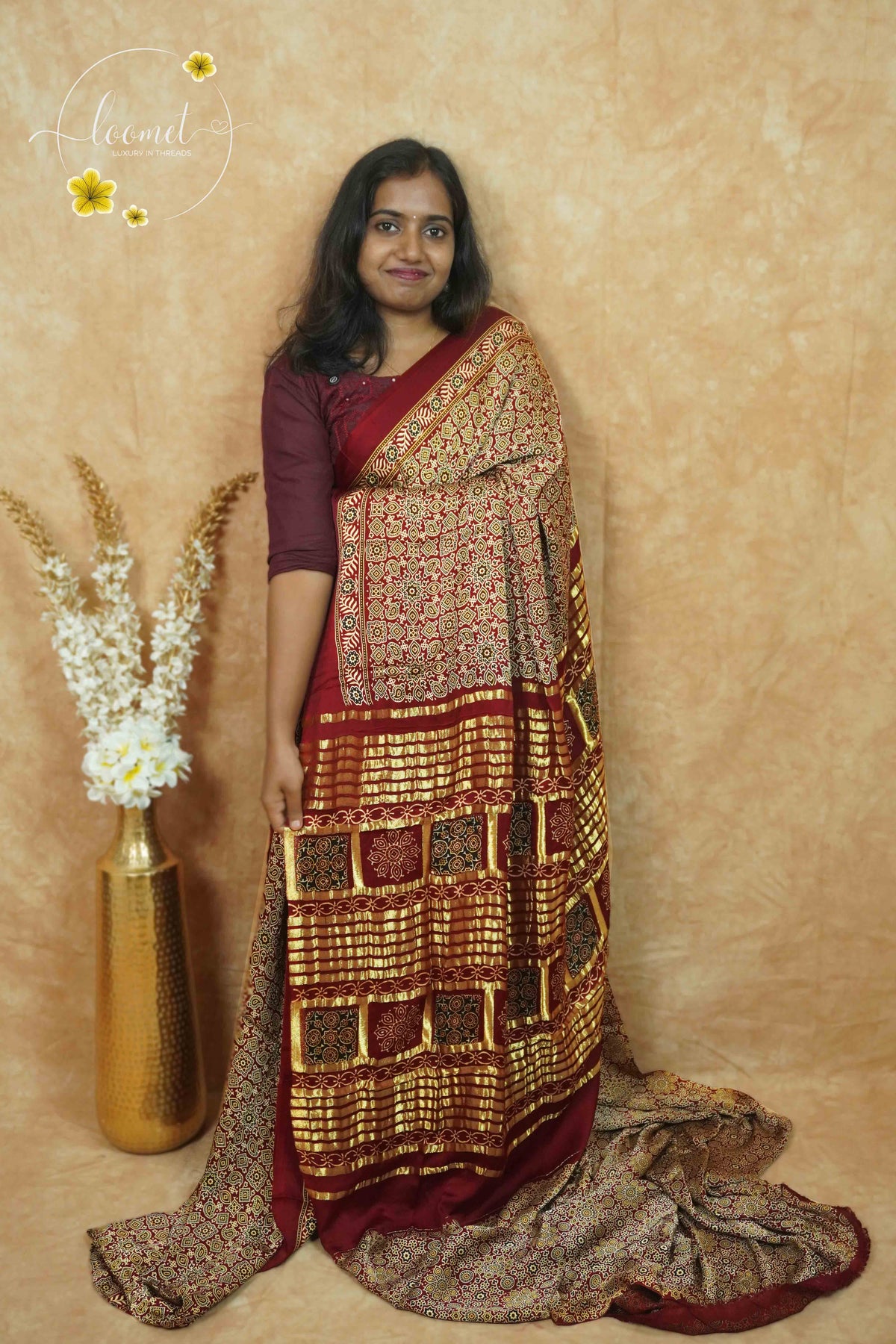 APL20101 Deep Maroon Modal silk with Ajrakh block print.