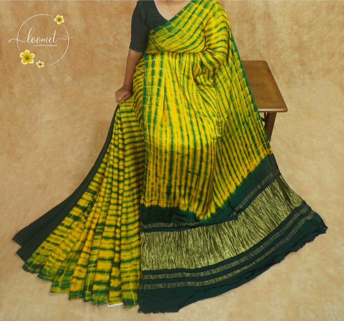 APL20201 Mustard Yellow and Bottle Green Modal silk with Tie-Dye pattern.