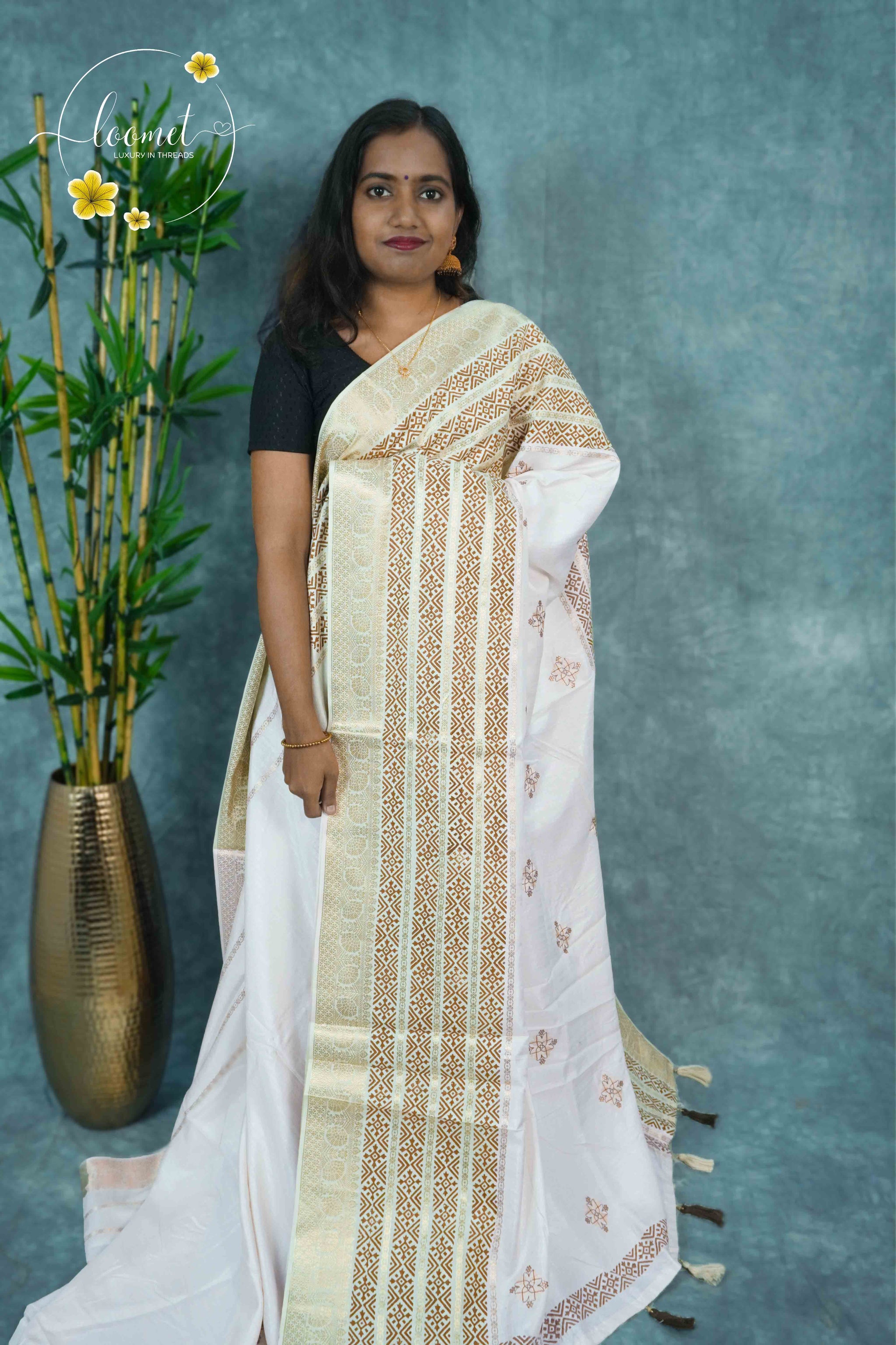 APL20401 Off-White and mustard-gold Tussar Silk saree with woven geometric motifs