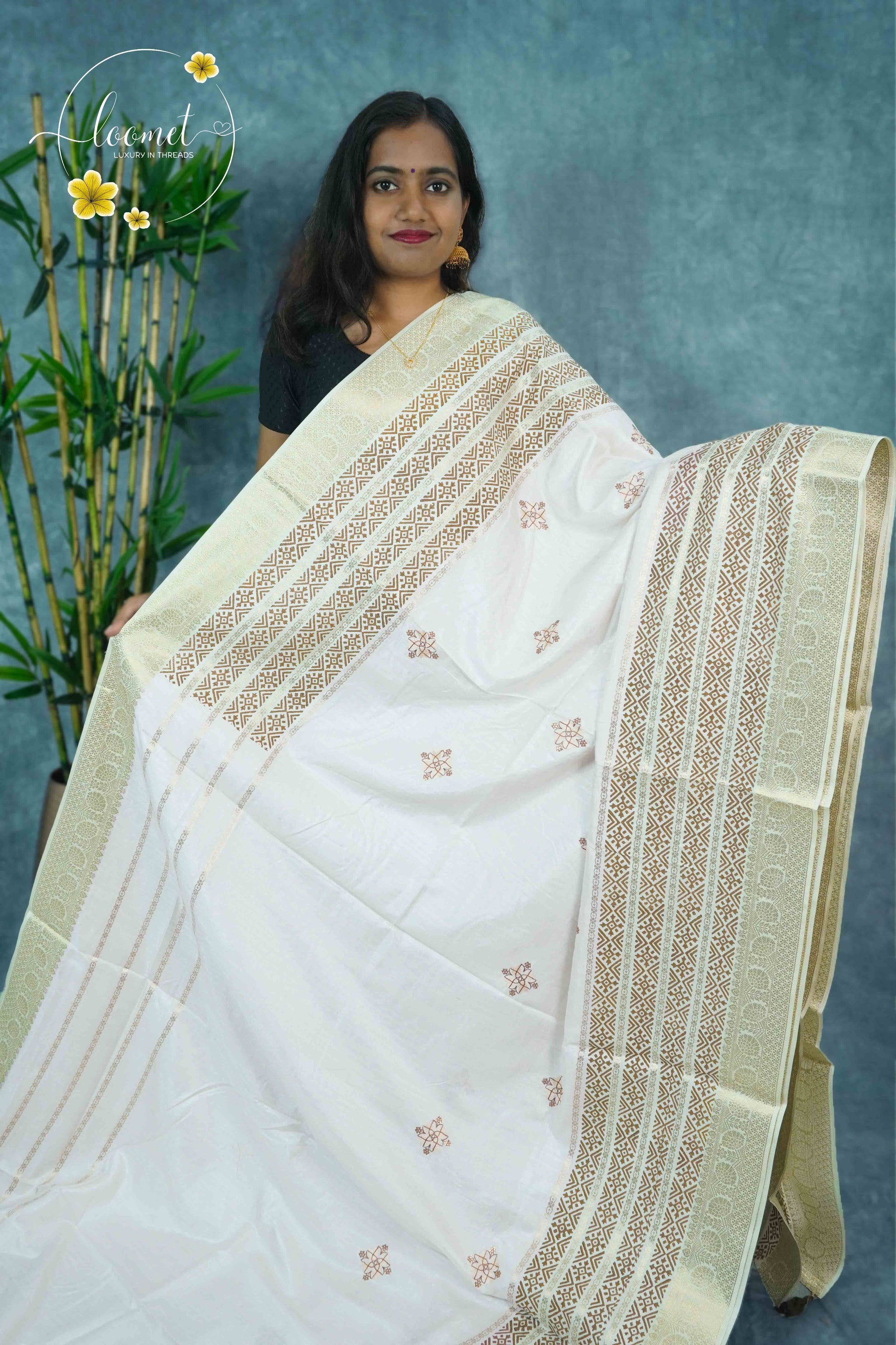 APL20401 Off-White and mustard-gold Tussar Silk saree with woven geometric motifs