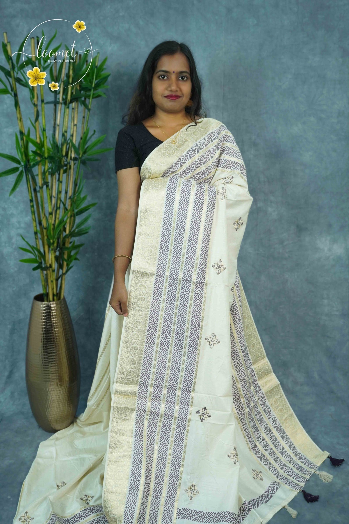 APL20403 Off-White and slate grey Tussar Silk saree with woven geometric motifs