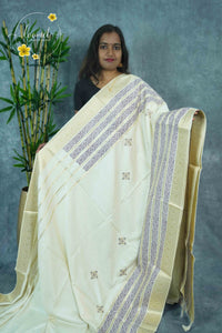 APL20403 Off-White and slate grey Tussar Silk saree with woven geometric motifs