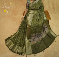 APL20701 Olive Moss Georgette Viscose saree with Bandhej-inspired Lattice Print.