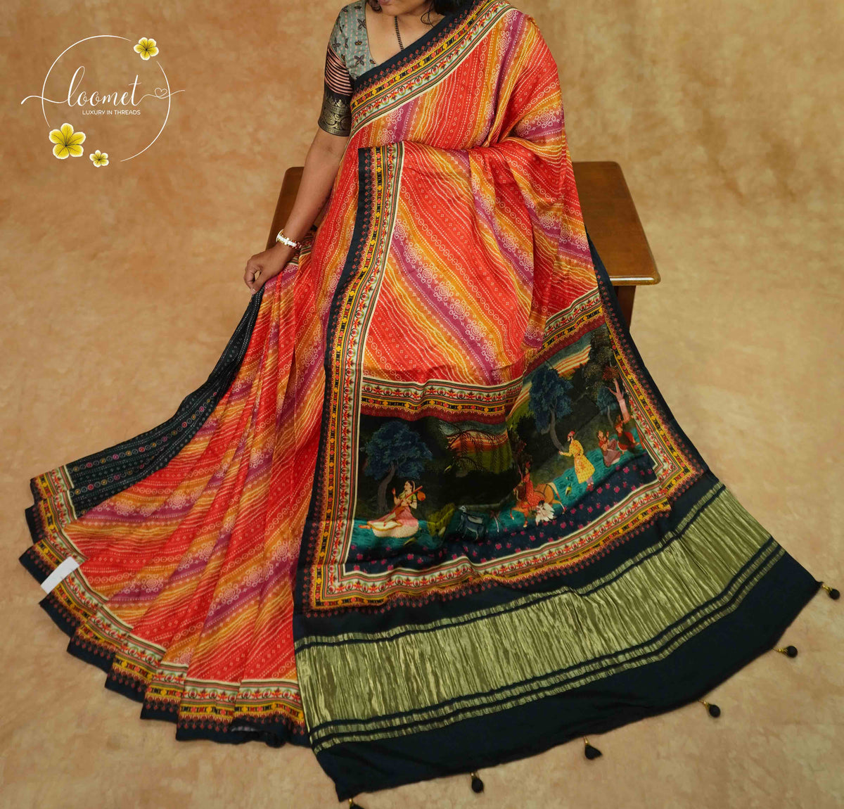 APL20901 Sunset crimson Pure Dola Viscose saree with bandhej-style leheriya (Zig-Zag) pattern.