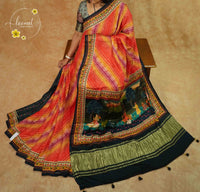 APL20901 Sunset crimson Pure Dola Viscose saree with bandhej-style leheriya (Zig-Zag) pattern.