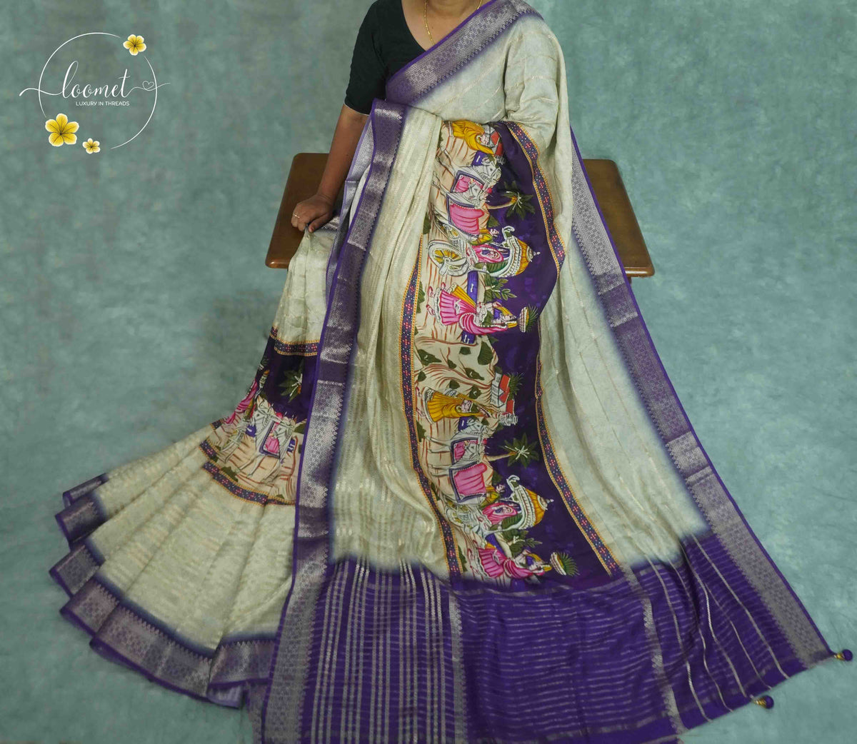 APL2201 Off-white Viscose saree featuring colorful village processional prints.