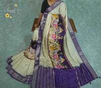 APL2201 Off-white Viscose saree featuring colorful village processional prints.