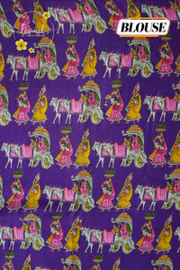 APL2201 Off-white Viscose saree featuring colorful village processional prints.