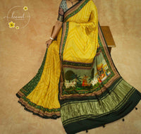 APL2301 Yellow Pure Dola Viscose saree with Bandhej-style Zig-Zag Pattern.